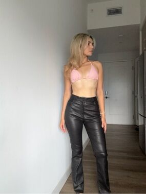 Alice + Olivia Black Real Leather Straight-Leg Pants